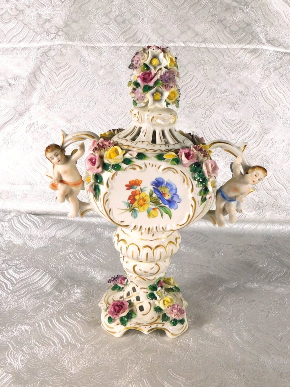 Dresden Footed Bowl with Angels and Three Dimensional Flowers # 27699